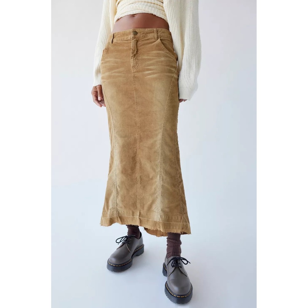 Urban Outfitters Corduroy Maxi Skirt S Tan Raw Hem Boho Western Grunge Y2K Style
